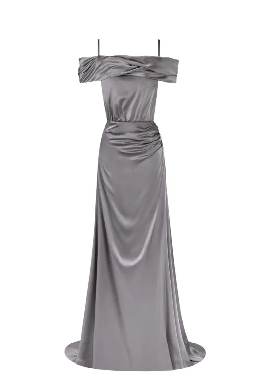 Elegant silver off-the-shoulder silk maxi dress sold by Milla