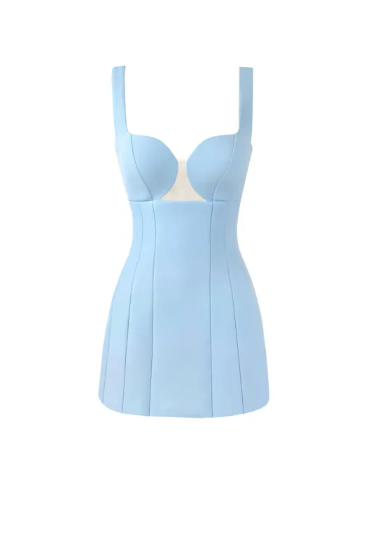 Glossy ultra mini dress in light blue with cutouts sold by Milla