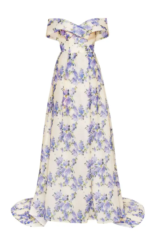Hydrangea Chic off-the-shoulder floral maxi dress sold by Milla