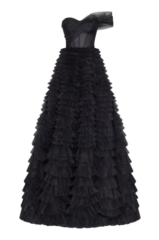 Timeless one-shoulder frill-layered ball gown in black sold by Milla