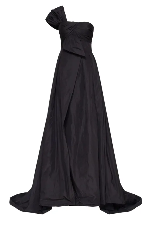 Black taffeta evening gown with a high slit and one-shoulder wrap top sold by Milla