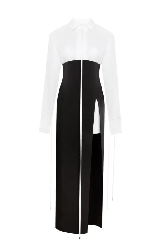 Elegant 3-piece set with white silk blouse, white mini skirt, and black crepe maxi skirt, Xo Xo sold by Milla