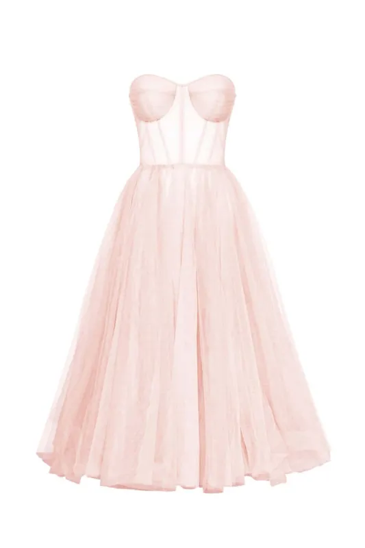 Misty Rose Strapless Puffy Midi Tulle Dress sold by Milla