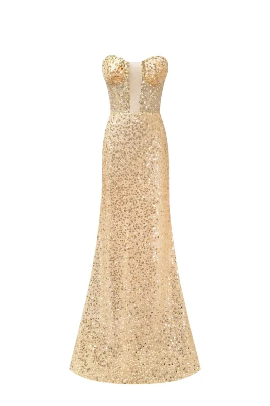 Showstopper maxi dress covered in gold sequins sold by Milla