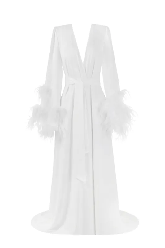Delicate feather-trimmed satin robe sold by Milla