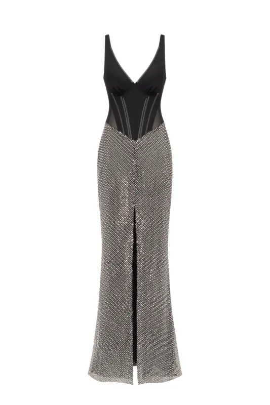 Black corset maxi dress with silver sequined maxi skirt, Smoky Quartz made by Milla