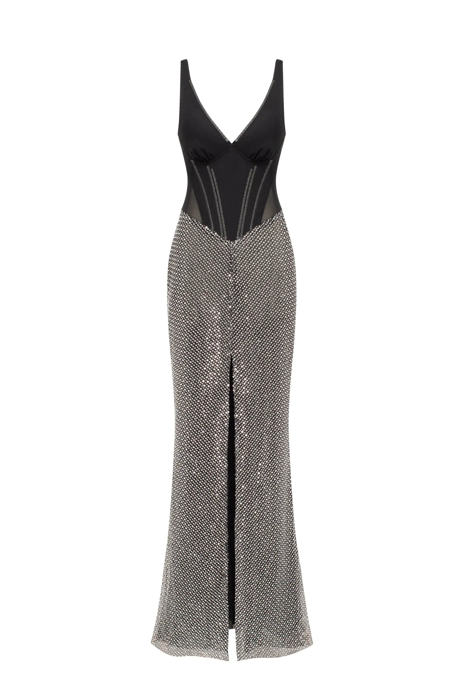 Black corset maxi dress with silver sequined maxi skirt, Smoky Quartz sold by Milla
