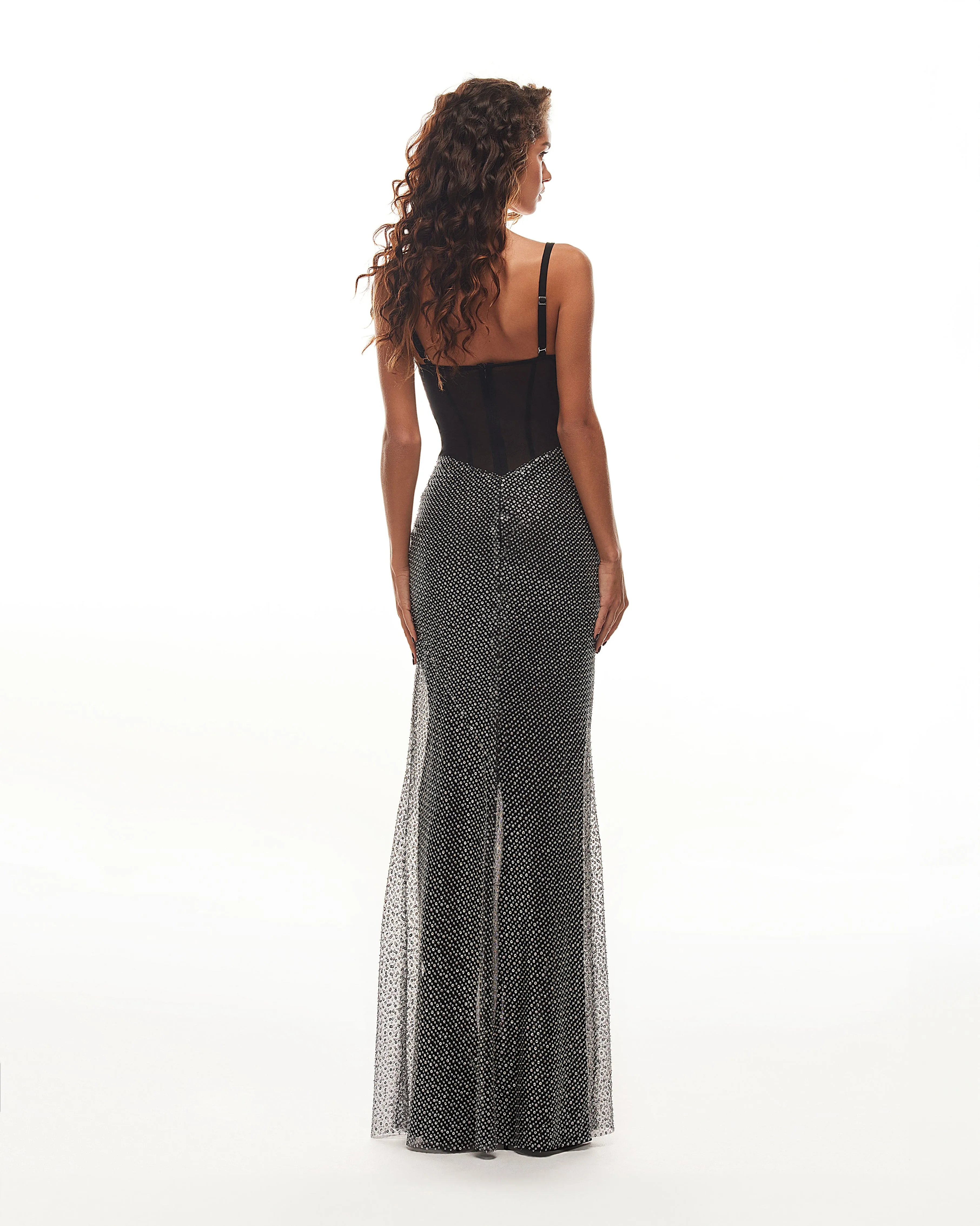 Black corset maxi dress with silver sequined maxi skirt, Smoky Quartz sold by Milla product image thumbnail 4
