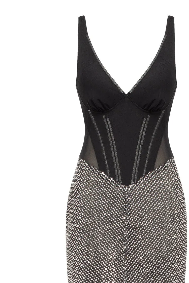 Black corset maxi dress with silver sequined maxi skirt, Smoky Quartz sold by Milla product image thumbnail 5