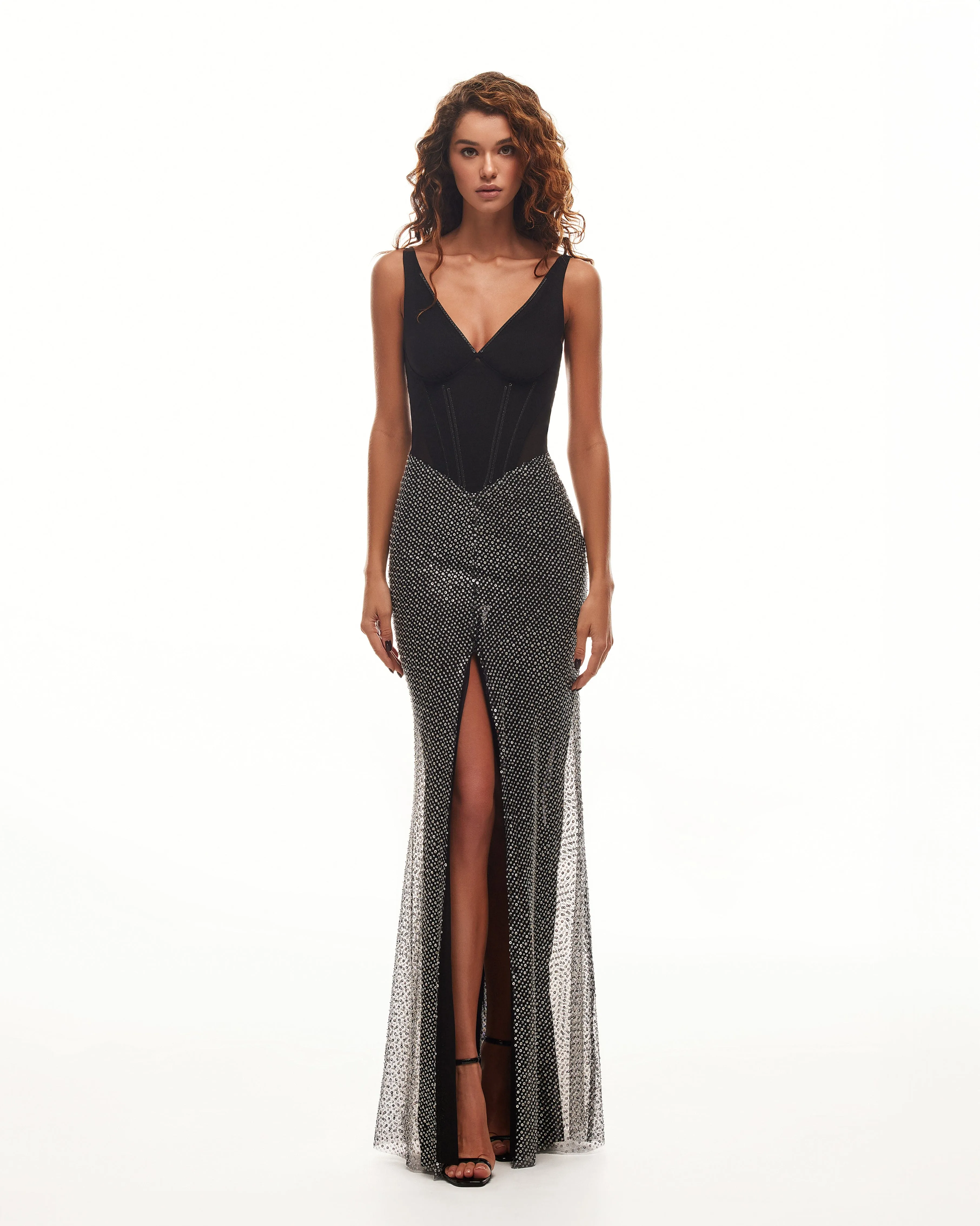 Black corset maxi dress with silver sequined maxi skirt, Smoky Quartz sold by Milla product image thumbnail 2