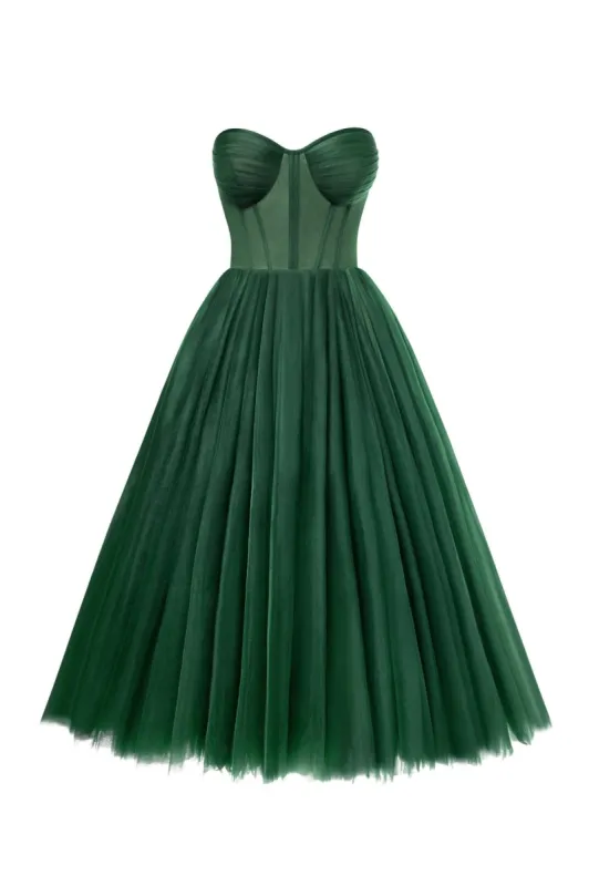 Emerald Green Strapless Puffy Midi Tulle Dress sold by Milla