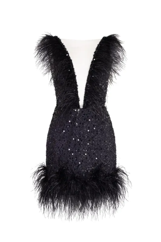 Dramatic cocktail dress on straps decorated with sequins and feathers made by Milla