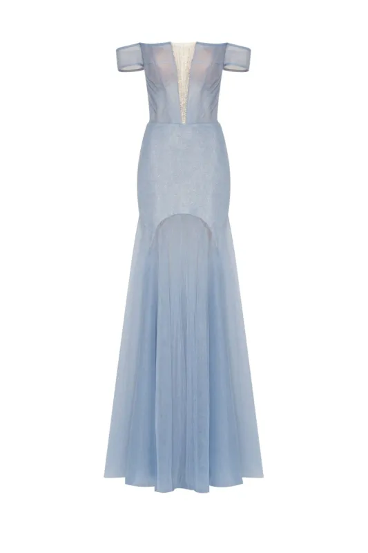 Long off-the-shoulder prom dress with inner skirt sold by Milla