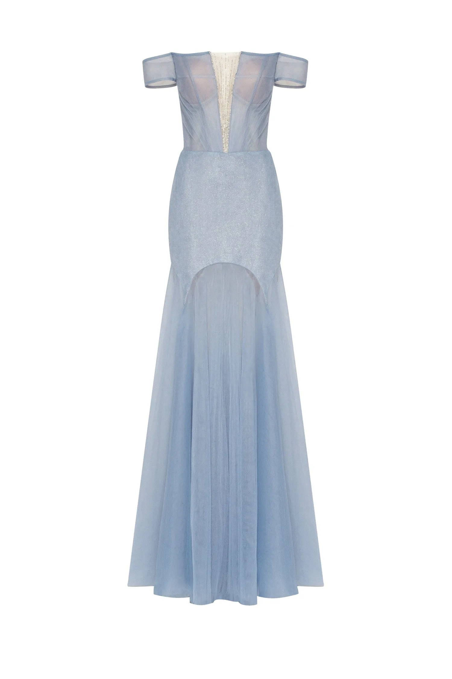 Long off-the-shoulder prom dress with inner skirt sold by Milla