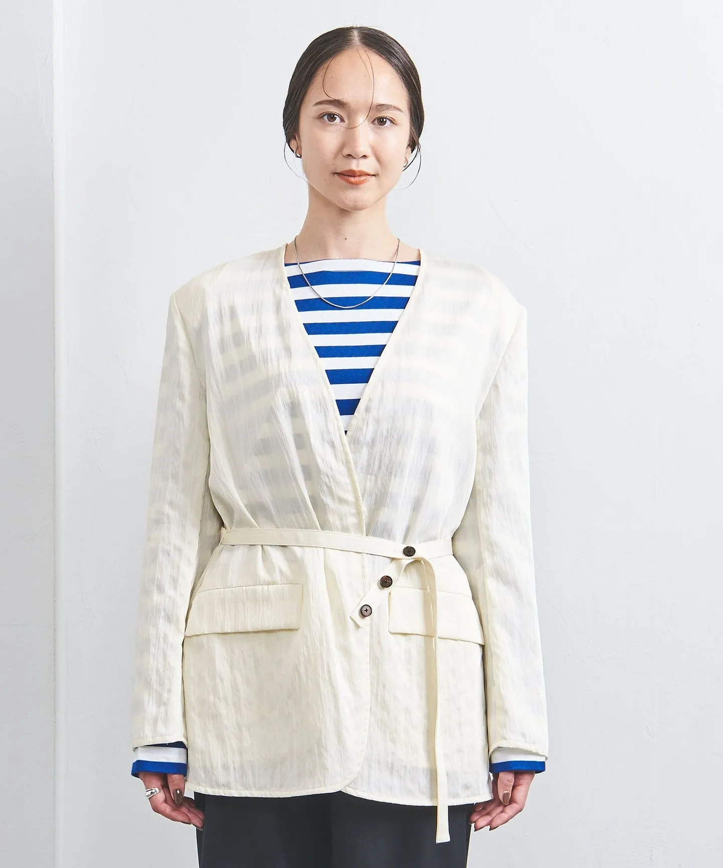 Vノーカラー ベルテッド ジャケット ストライプ sold by United Arrows product image thumbnail 4