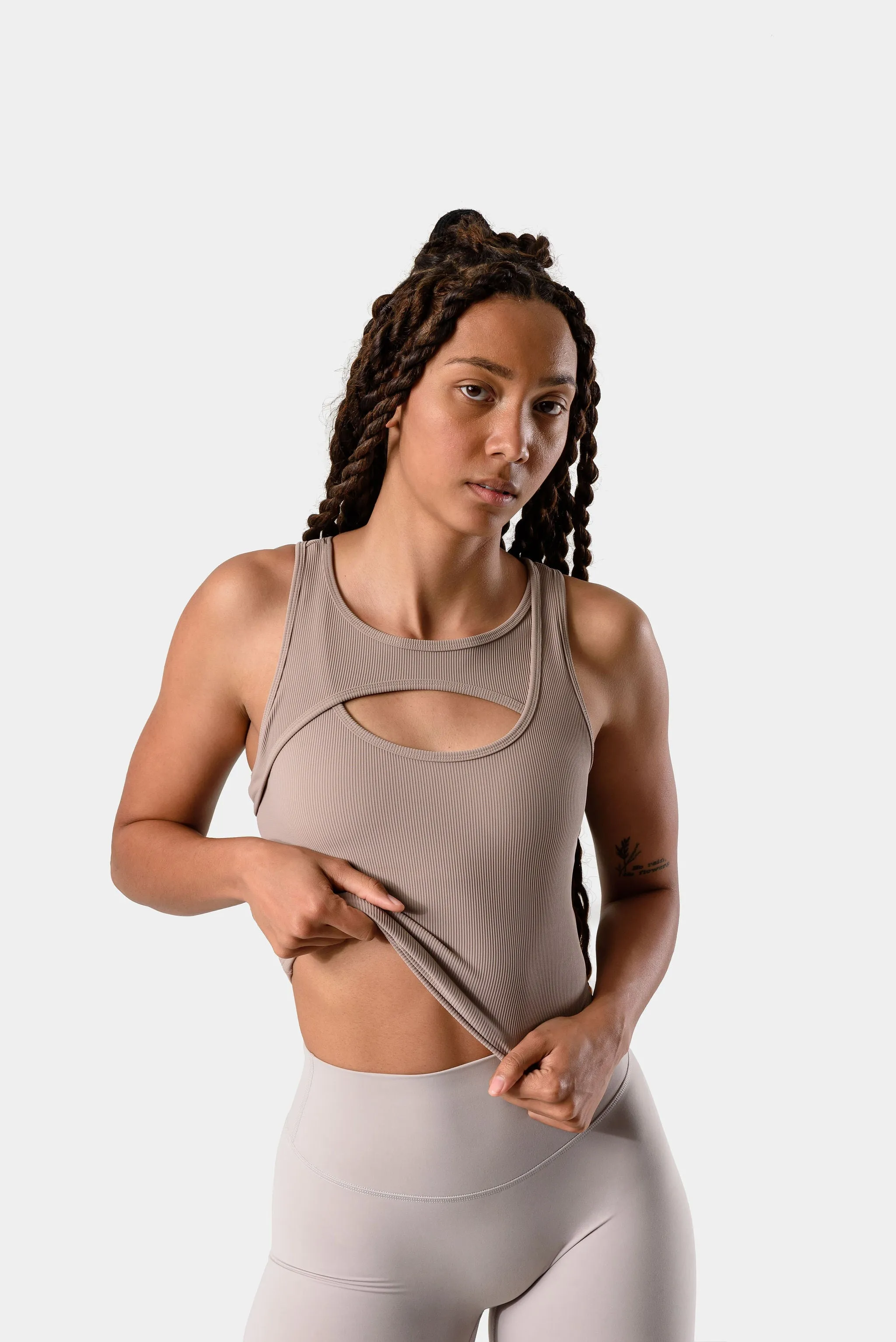 Aria Crossover Rib Waist Length Tank Top - Beige sold by Kamo Fitness