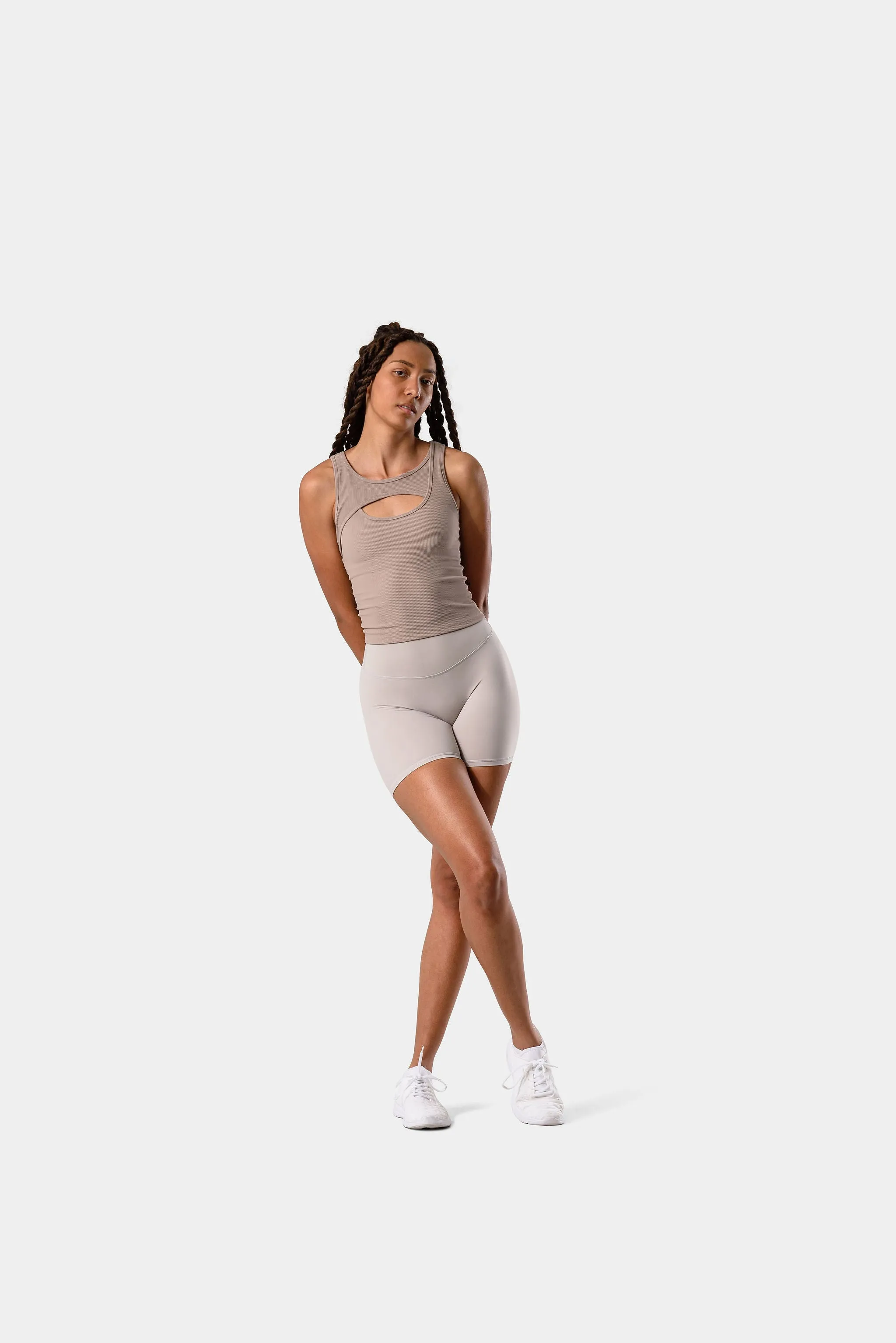 Aria Crossover Rib Waist Length Tank Top - Beige sold by Kamo Fitness product image thumbnail 4