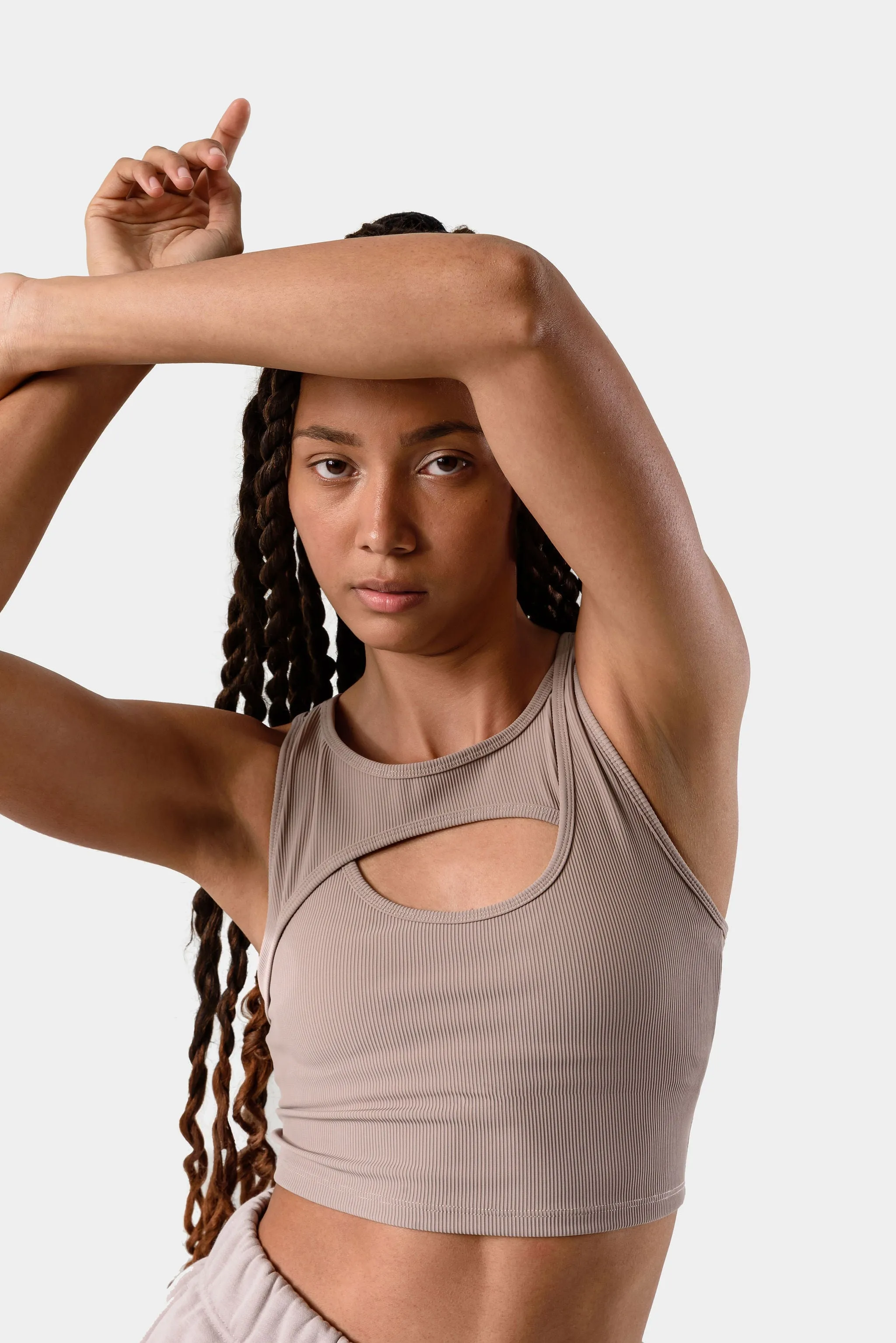 Aria Crossover Rib Tank Top Bra - Beige sold by Kamo Fitness