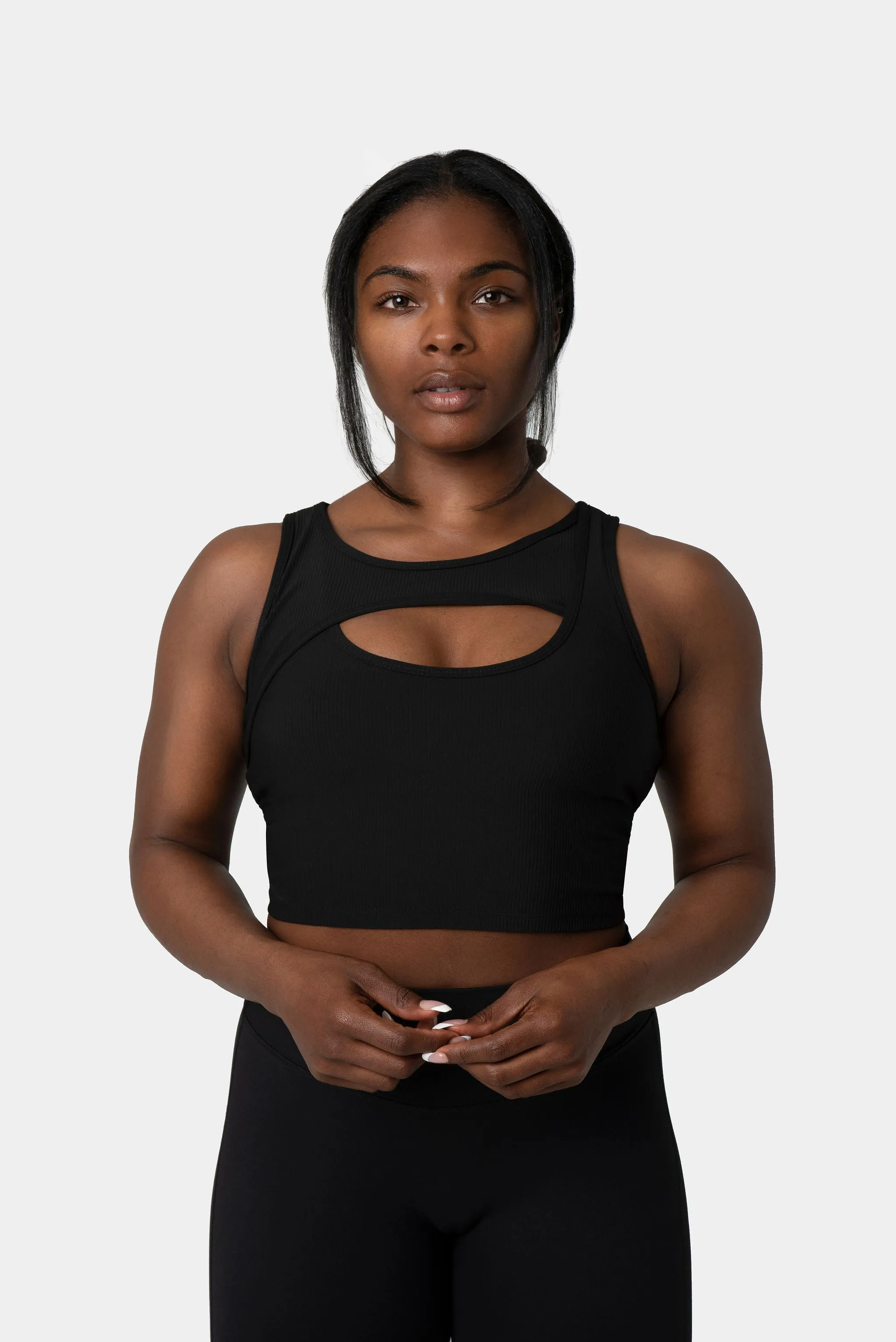 Aria Crossover Rib Tank Top Bra - Black sold by Kamo Fitness