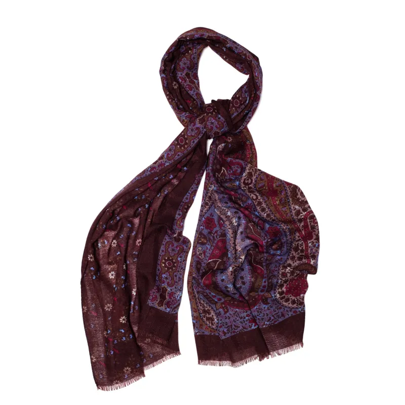 Chocolate/Burgundy Double Face Printed Wool Scarf sold by William Crabtree & Sons