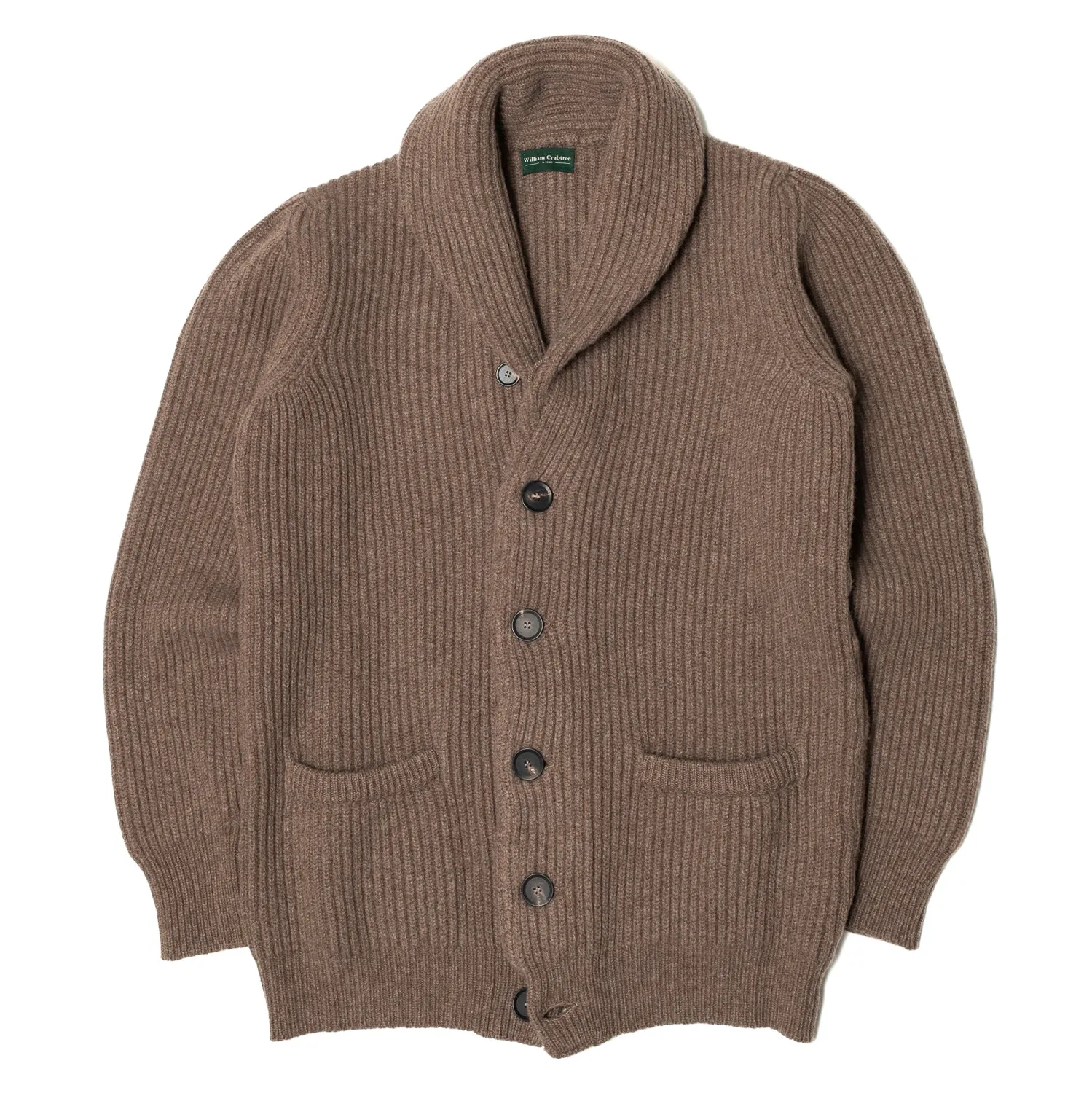 Oak Dust Wool Cashmere Shawl Collar Cardigan sold by William Crabtree & Sons