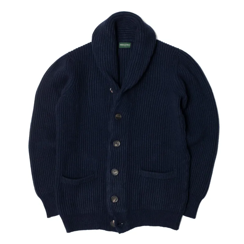 Navy Wool Cashmere Shawl Collar Cardigan sold by William Crabtree & Sons