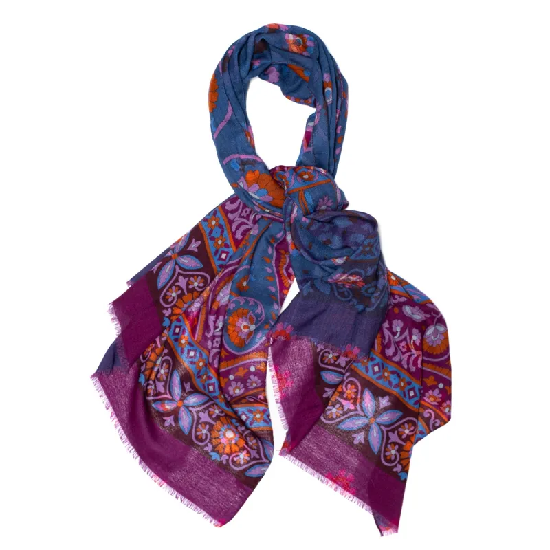 Indigo/Claret Double Face Printed Wool Scarf sold by William Crabtree & Sons