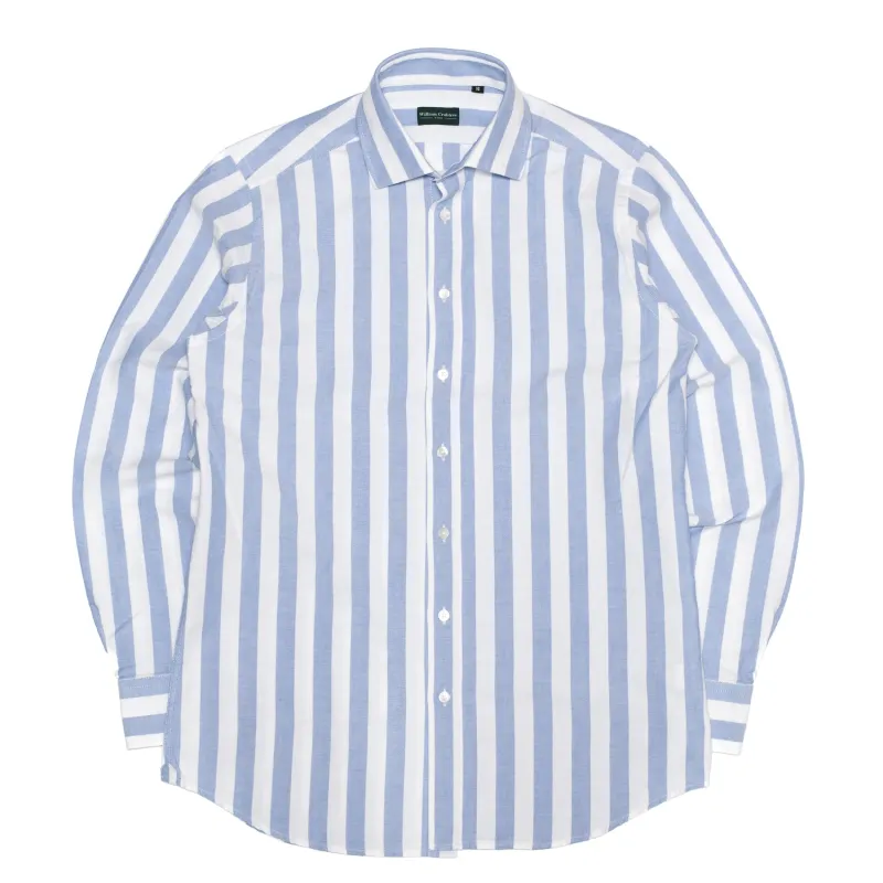 Blue White Wide Stripe Oxford Semi-Spread Shirt made by William Crabtree & Sons