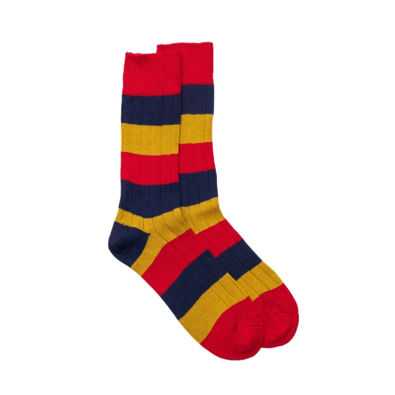 Brigade/Marine/Mustard Cotton 3 Colour Stripe Socks sold by William Crabtree & Sons