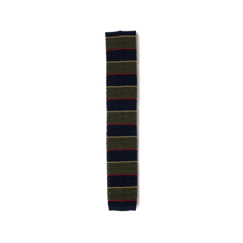 Olive / Navy Four Stripe Silk Knitted Tie sold by William Crabtree & Sons