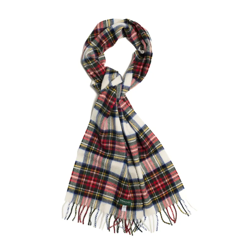 Brushed White Classic Tartan Cashmere Scarf sold by William Crabtree & Sons