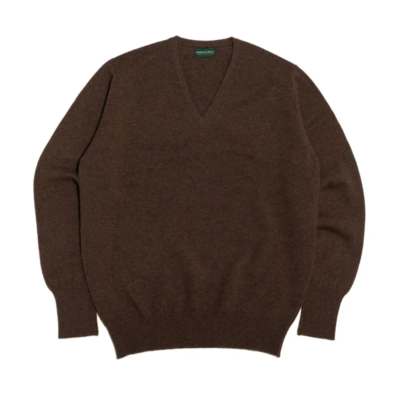 Mocha 2 Ply Lambswool V-Neck sold by William Crabtree & Sons