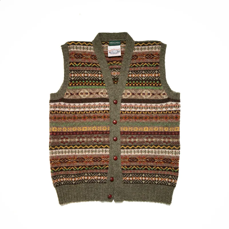Moss Green Trim Fairisle Waistcoat sold by William Crabtree & Sons