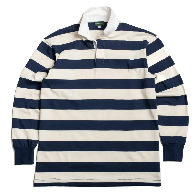 Navy and Ecru Striped Rugby Shirt sold by William Crabtree & Sons