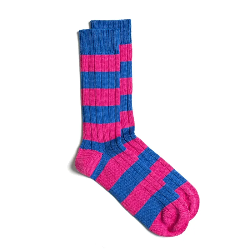 Blue / Pink Cotton 2 Colour Stripe Socks made by William Crabtree & Sons