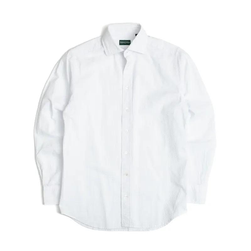 White Semi-Spread Collar Seersucker Shirt sold by William Crabtree & Sons