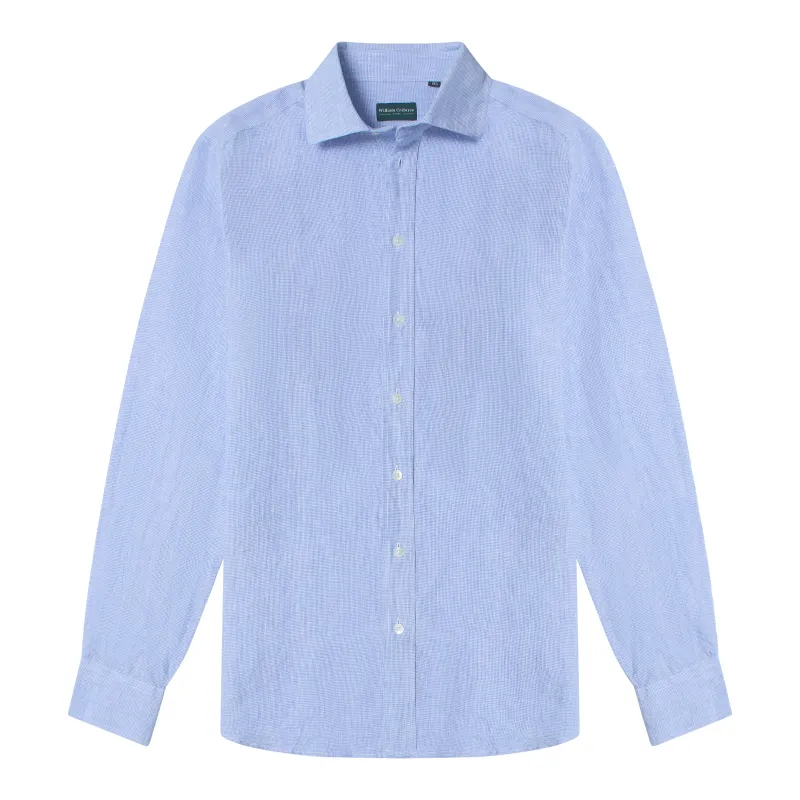 Sky Blue Puppytooth Linen Shirt made by William Crabtree & Sons