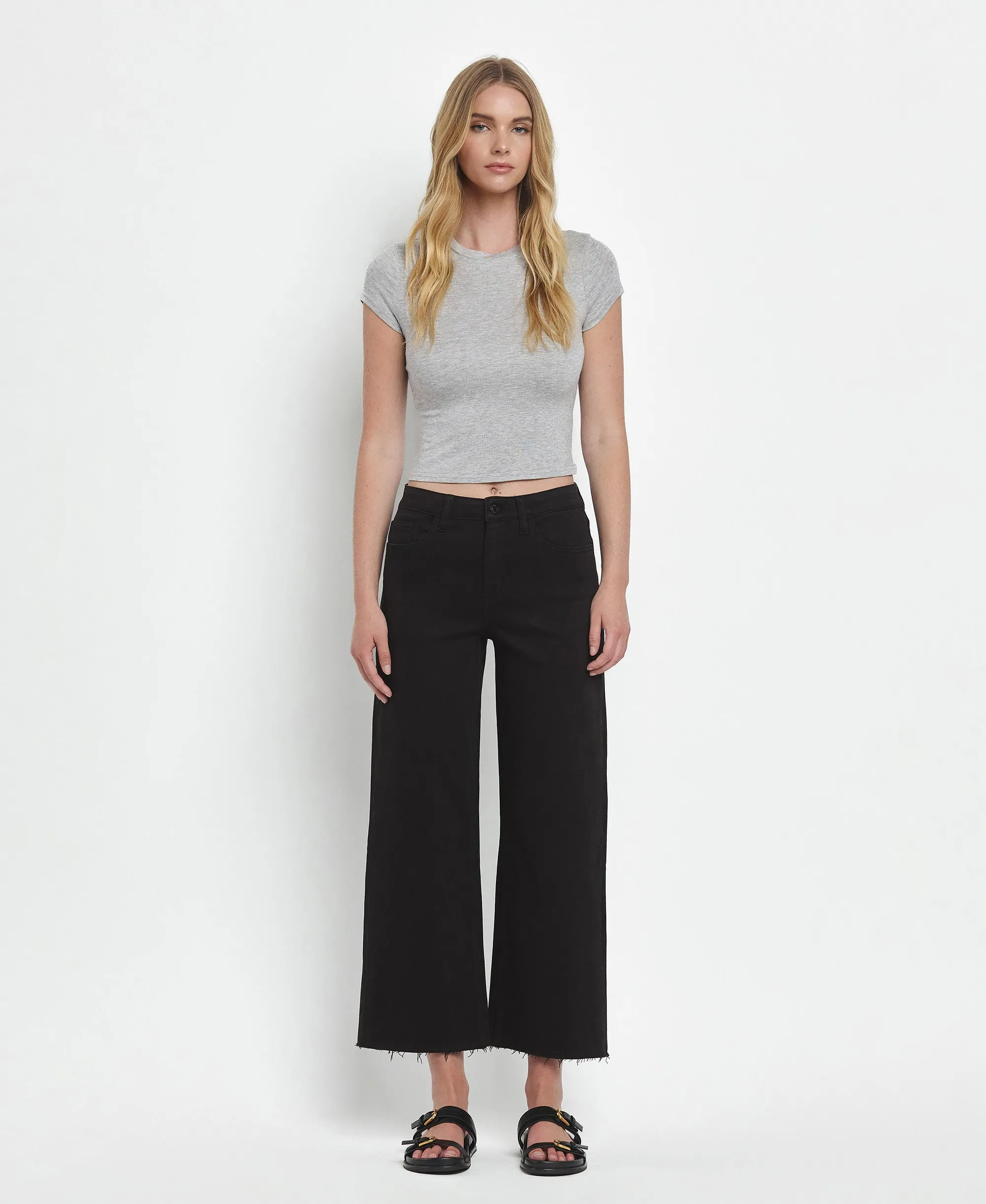 Black - High Rise Crop Wide Leg Jeans sold by Vervet