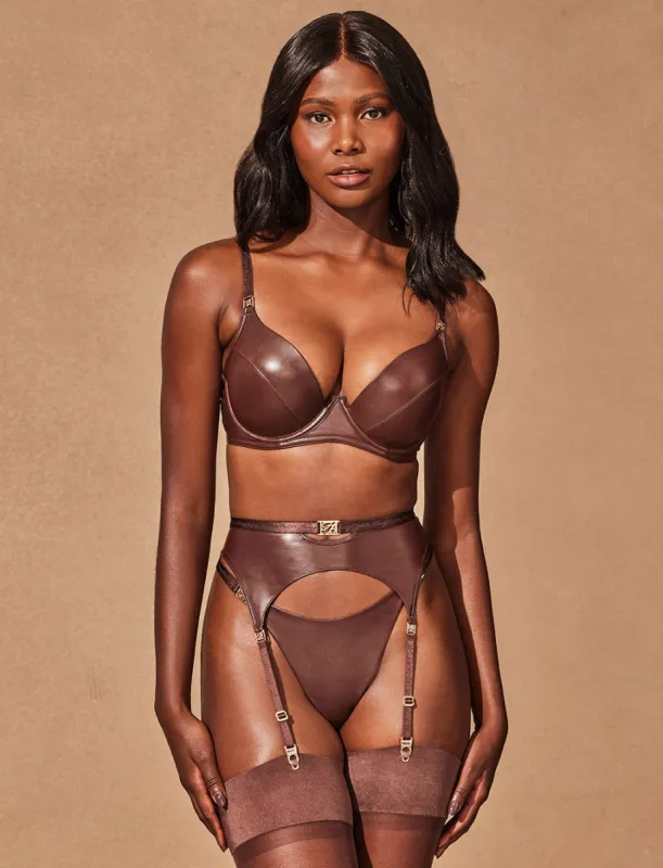 Emily Deep Mahogany Midi Suspender sold by Honey Birdette