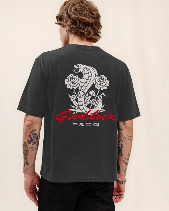 Good Luck Snake Boxy T-Shirt - Light Acid Wash sold by P & Co
