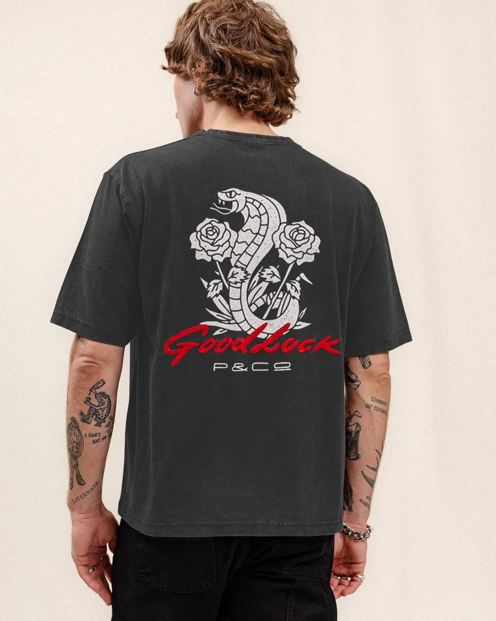 Good Luck Snake Boxy T-Shirt - Light Acid Wash sold by P & Co