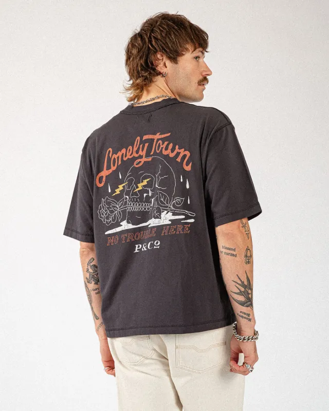 Lonely Town Boxy T-Shirt - Heavy Washed Black sold by P & Co