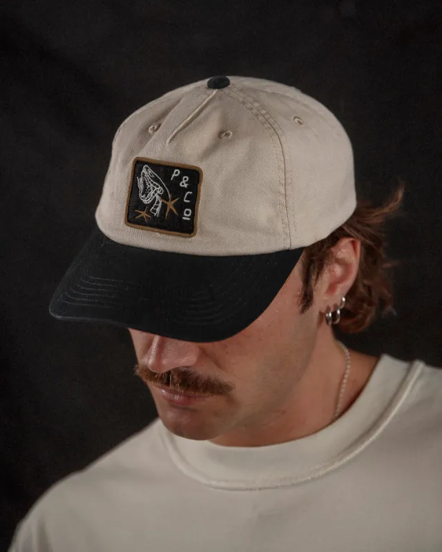 Snake Bite 5 Panel Cap - Ecru & Black sold by P & Co