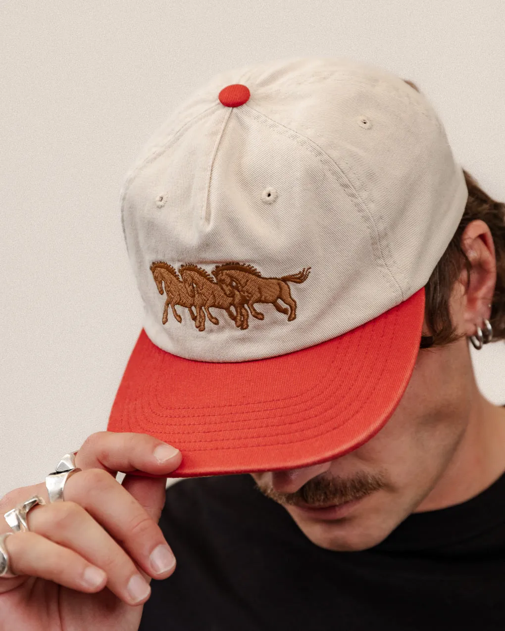 Bronco 5 Panel Cap - Ecru & Red sold by P & Co