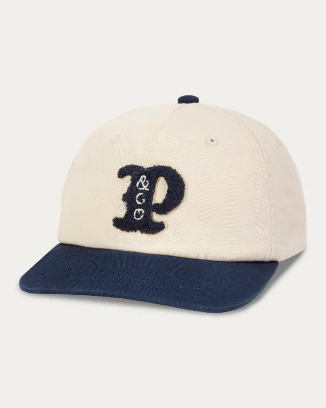 Varsity 5 Panel Cap - Ecru & Navy sold by P & Co