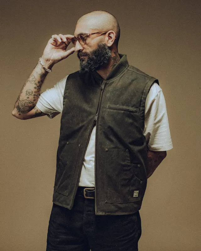 Canyon Waxed Vest - Olive sold by P & Co