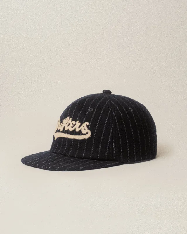 Drifters Wool 5 Panel Cap - Navy Pinstripe sold by P & Co
