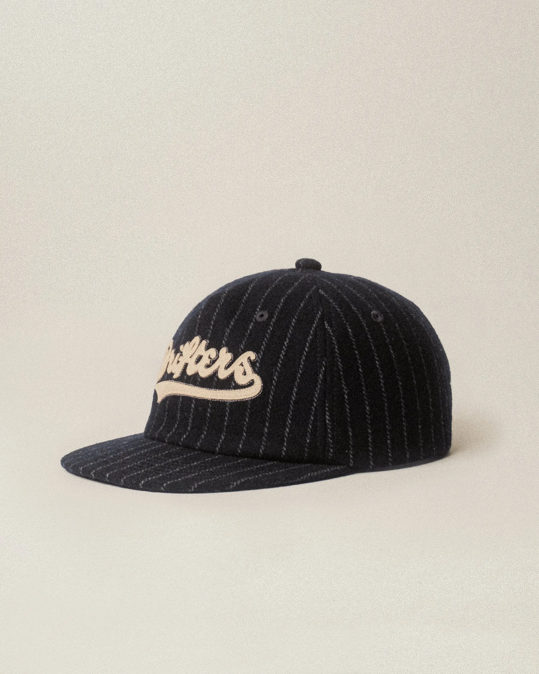 Drifters Wool 5 Panel Cap - Navy Pinstripe sold by P & Co
