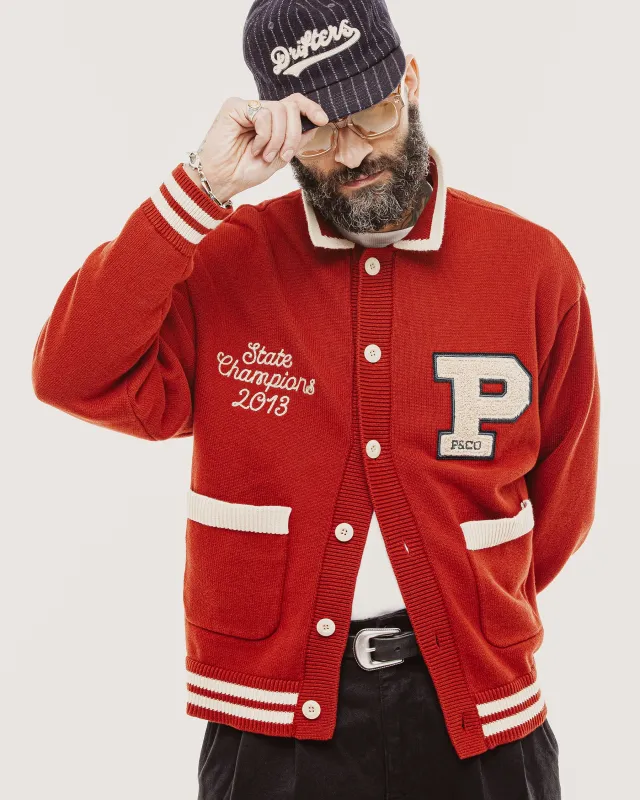 Varsity Knitted Cardigan - Brick Red made by P & Co