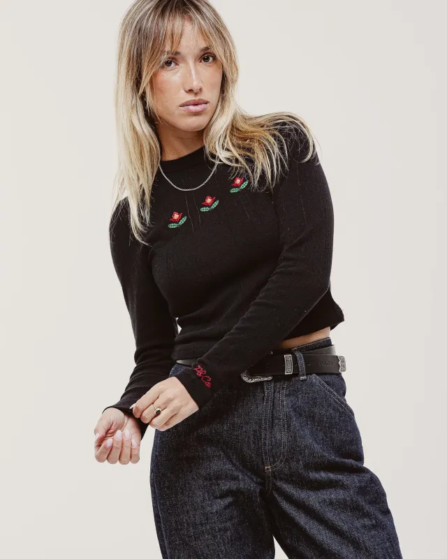 Stevie Flower Embroidered Longsleeve - Washed Black made by P & Co